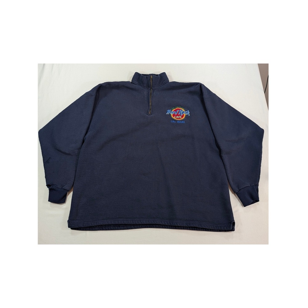 Vintage Hard Rock Cafe Las Vegas Quarter Zip Sweatshirt Navy Blue XL Distressed